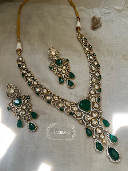 The "Gulab-Bagh" Pastel Polki Bridal Set | Pink Tourmaline & Emerald Long Haram Vintage Necklace Set By Ranibaug