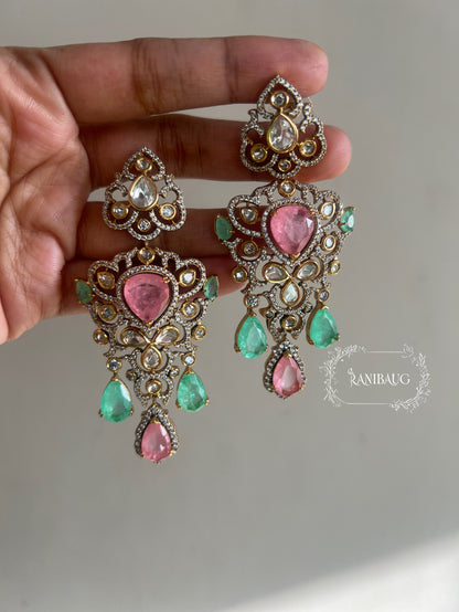 The "Gulab-Bagh" Pastel Polki Bridal Set | Pink Tourmaline & Emerald Long Haram Vintage Necklace Set By Ranibaug