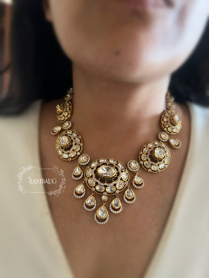 The "Midnight Oval" Polki Cluster Necklace | Antique Gold Finish by Ranibaug
