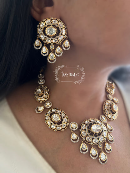 The "Midnight Oval" Polki Cluster Necklace | Antique Gold Finish by Ranibaug