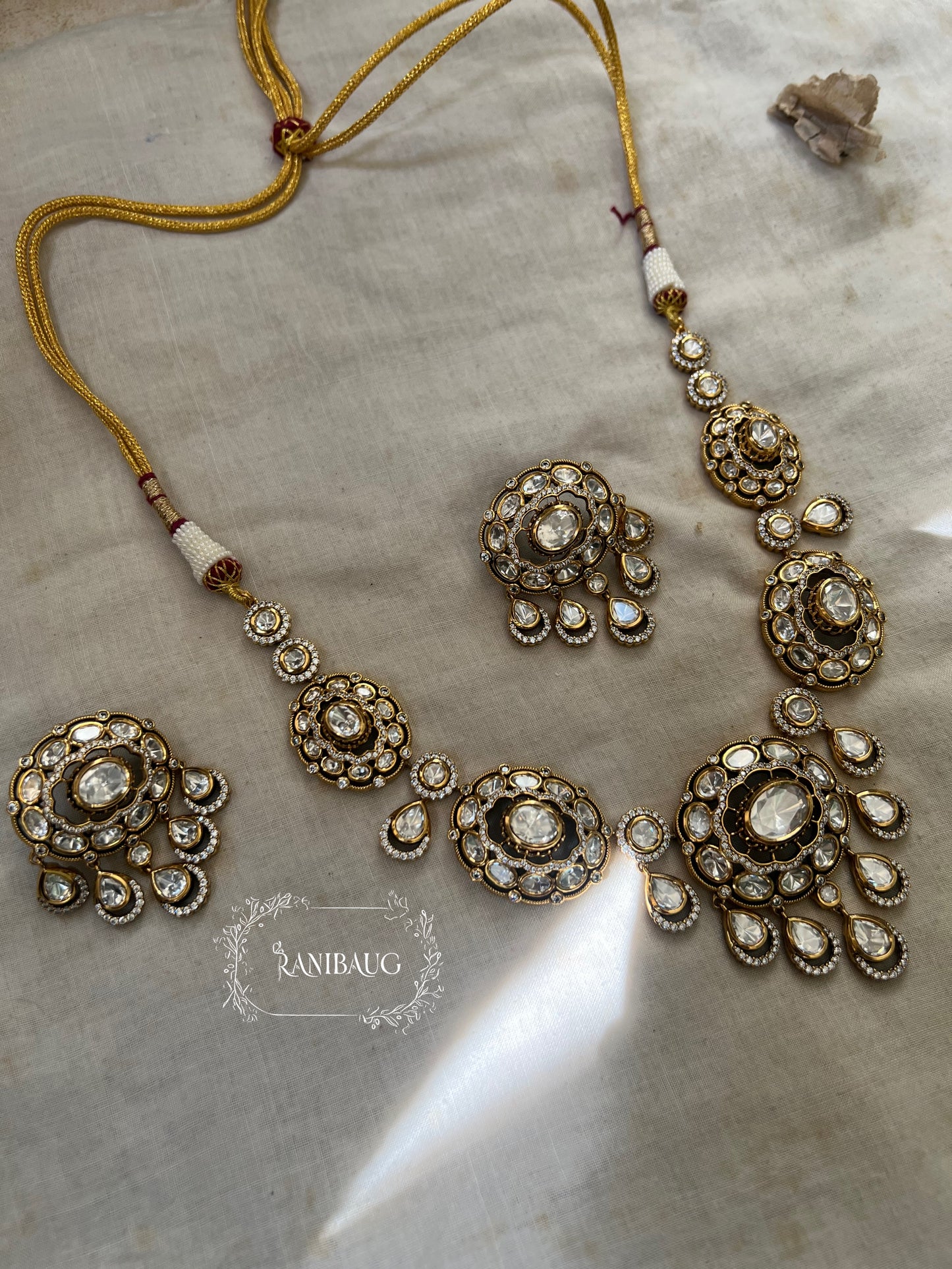 The "Midnight Oval" Polki Cluster Necklace | Antique Gold Finish by Ranibaug