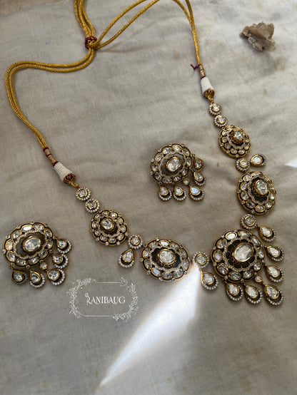 The "Midnight Oval" Polki Cluster Necklace | Antique Gold Finish by Ranibaug