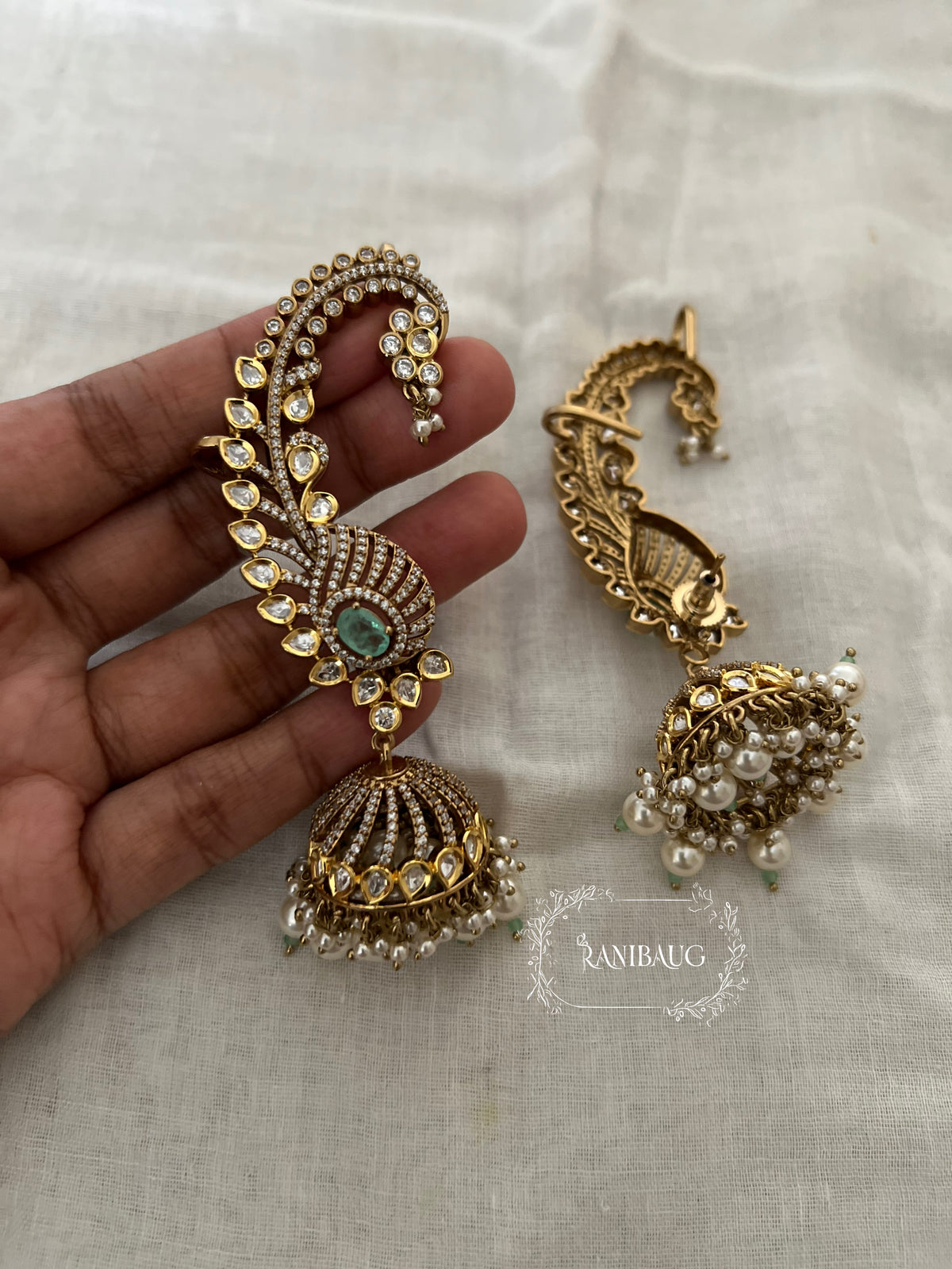 Tia Polki Kundan Pearl Adorned Gold Finish Royal Ear Cuff Jewelry By Ranibaug