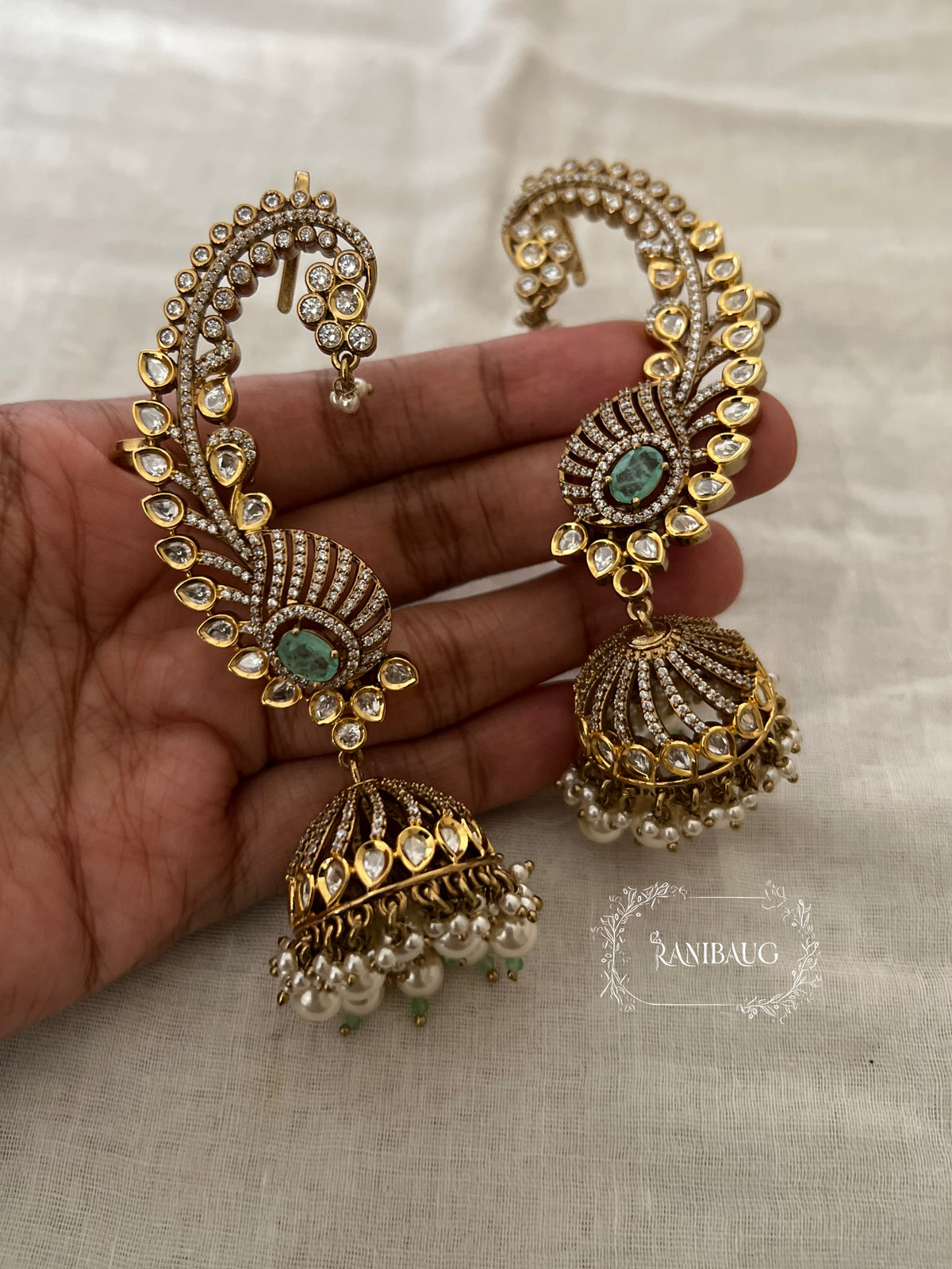 Tia Polki Kundan Pearl Adorned Gold Finish Royal Ear Cuff Jewelry By Ranibaug