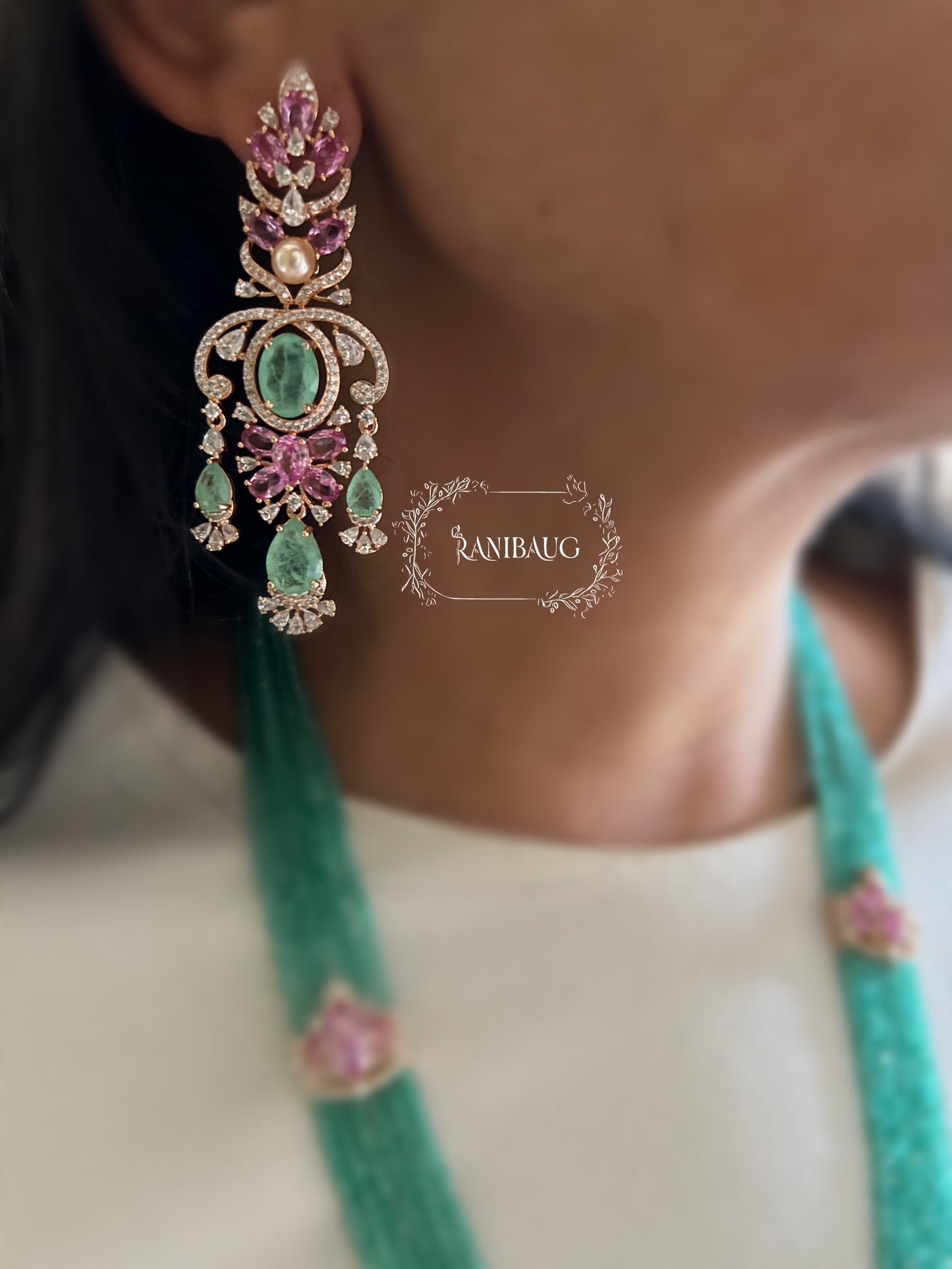 Tira Emerald Green Bird Motif Queen'S Heirloom Diamond Long Necklace By Ranibaug