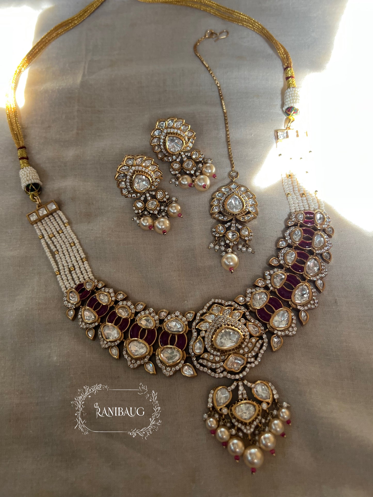Tisha Rich Gold Finish Kundan And Pearl Enamel Festive Wear Jewellery Set By Ranibaug