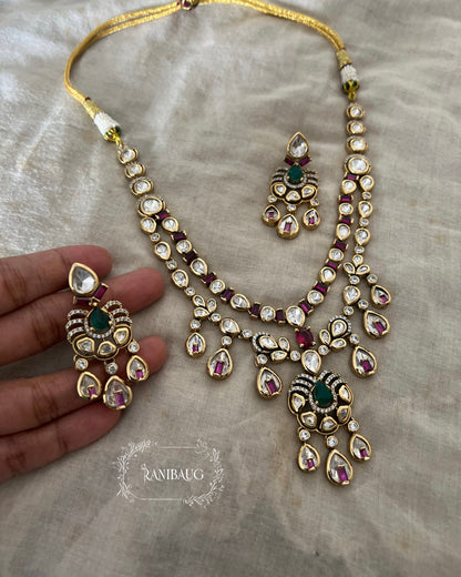 Tisha Ruby Teardrop Polki Studded Gold Plated Layered Necklace Jewellery Set By Ranibaug