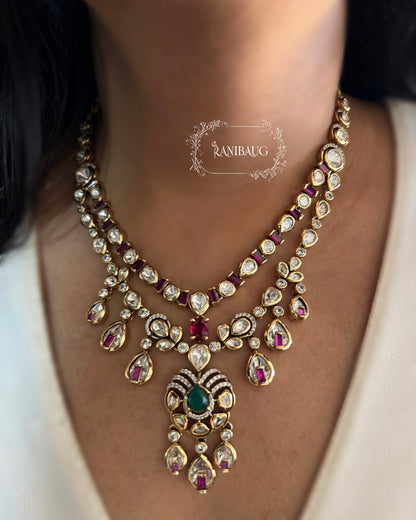 Tisha Ruby Teardrop Polki Studded Gold Plated Layered Necklace Jewellery Set By Ranibaug