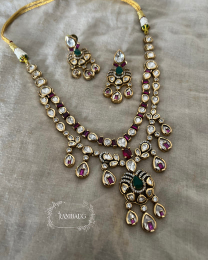 Tisha Ruby Teardrop Polki Studded Gold Plated Layered Necklace Jewellery Set By Ranibaug