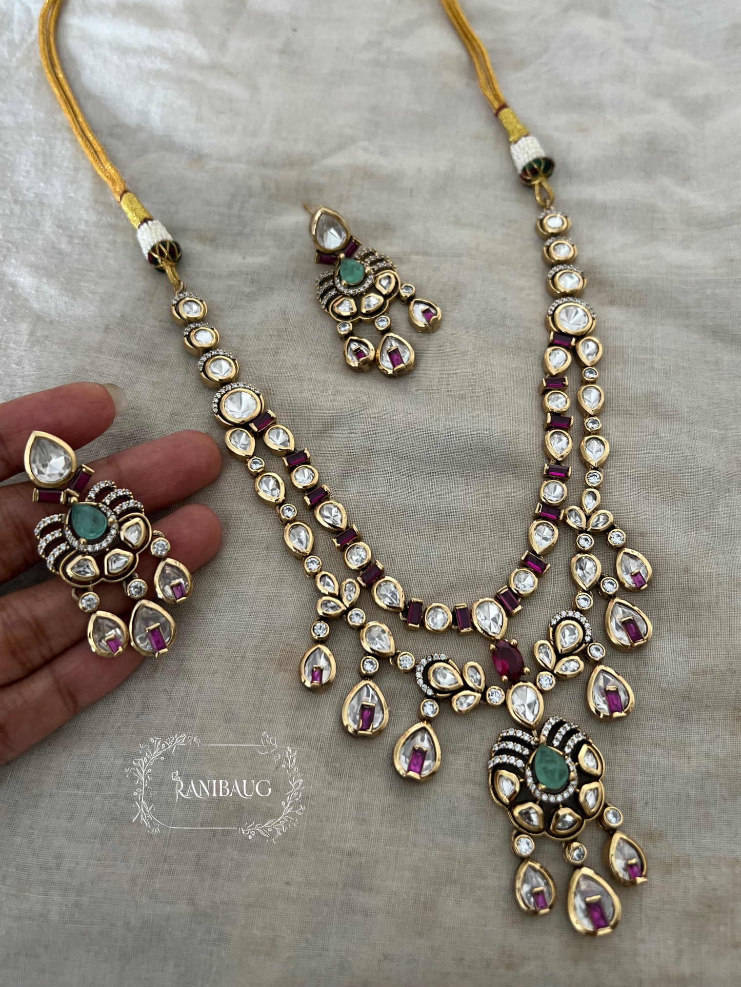 Tisha Ruby Teardrop Polki Studded Gold Plated Layered Necklace Jewellery Set By Ranibaug