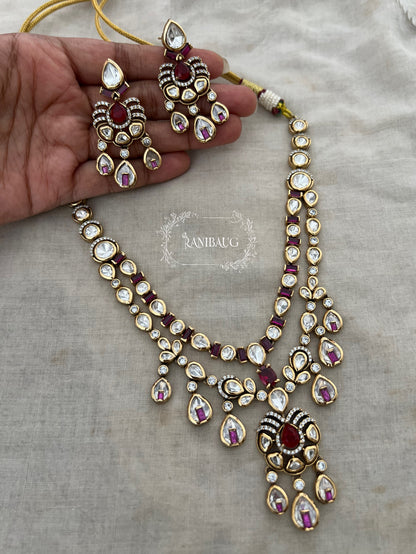 Tisha Ruby Teardrop Polki Studded Gold Plated Layered Necklace Jewellery Set By Ranibaug