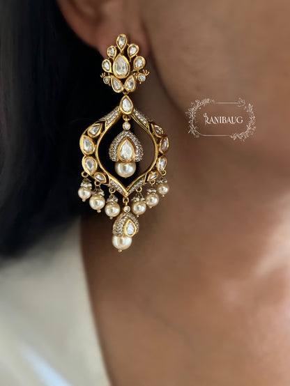 Tithi Rich Gold Finish Polki Studded Pearl Adorned Festive Earrings By Ranibaug