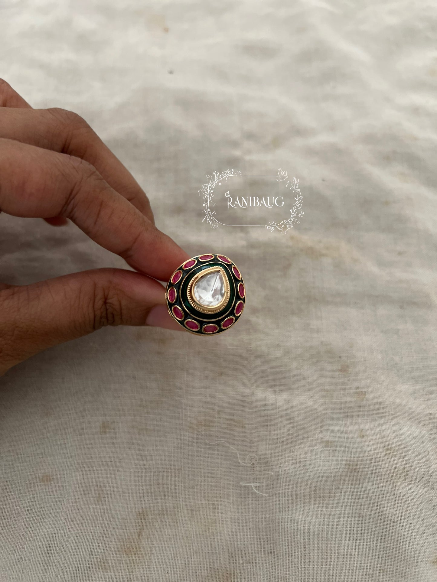 Trishana Polki Stud Emerald Ruby Enamel Work Heritage Gold Finish Ring Jewelry By Ranibaug