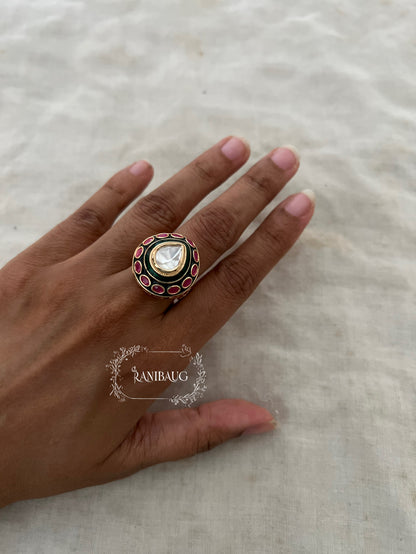 Trishana Polki Stud Emerald Ruby Enamel Work Heritage Gold Finish Ring Jewelry By Ranibaug