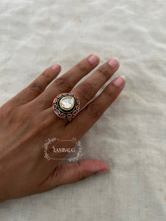 Trishana Polki Stud Emerald Ruby Enamel Work Heritage Gold Finish Ring Jewelry By Ranibaug