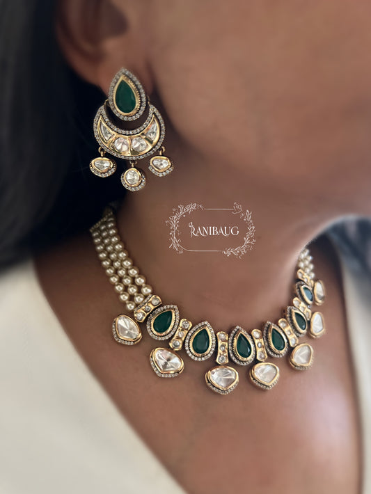 Trishna Emerald Pearl Kundan Polki Designer Necklace Jewellery Set By Ranibaug