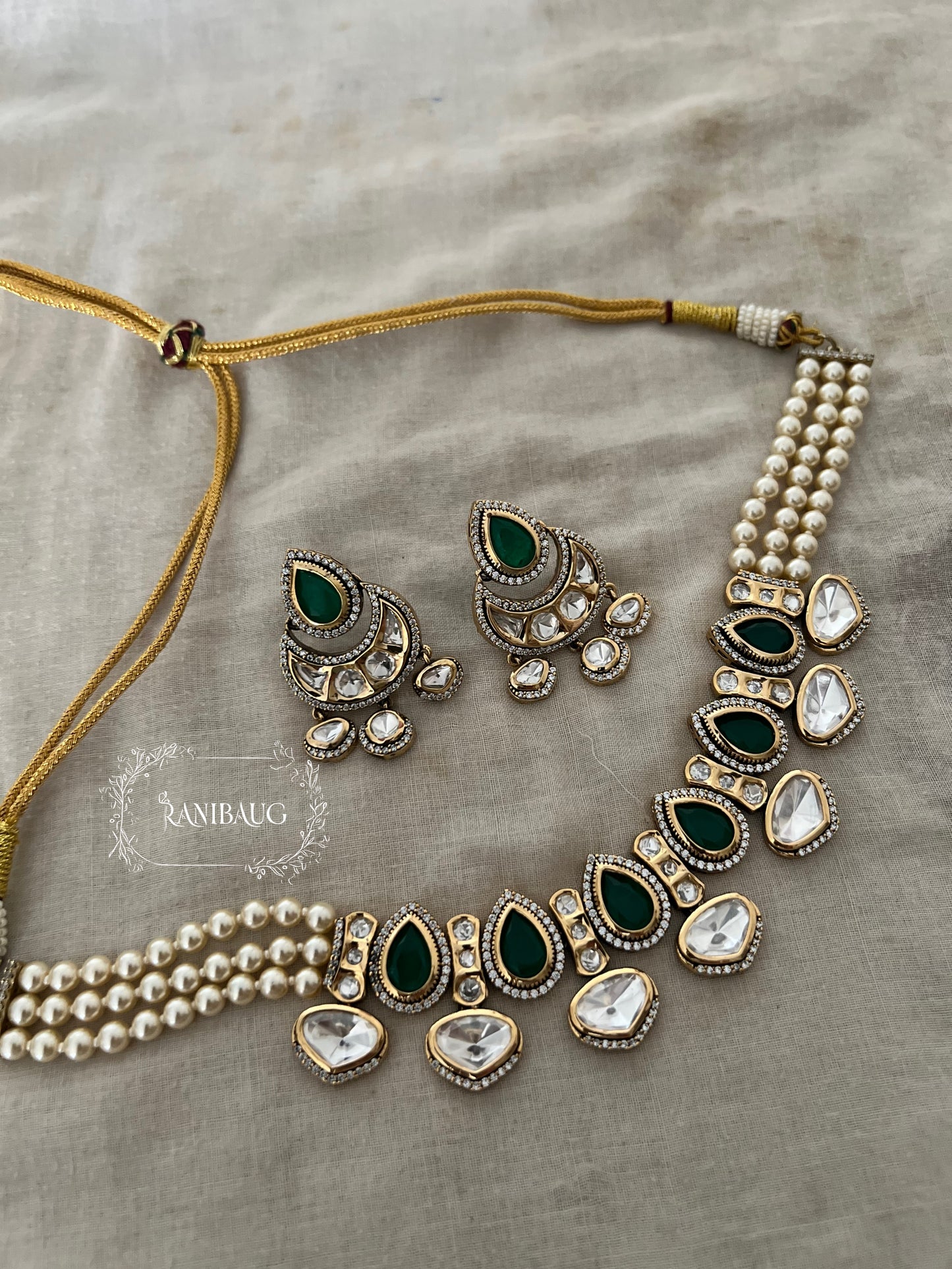 Trishna Emerald Pearl Kundan Polki Designer Necklace Jewellery Set By Ranibaug