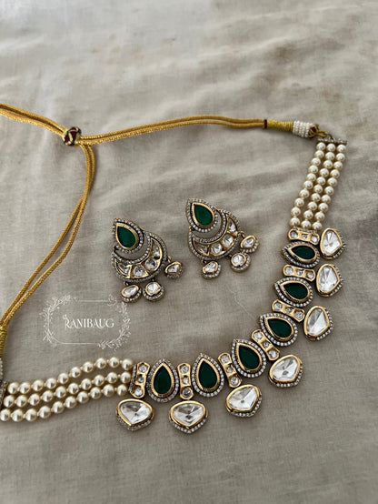 Trishna Emerald Pearl Kundan Polki Designer Necklace Jewellery Set By Ranibaug