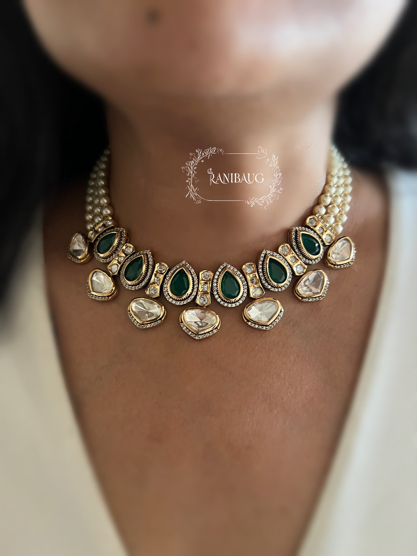 Trishna Emerald Pearl Kundan Polki Designer Necklace Jewellery Set By Ranibaug
