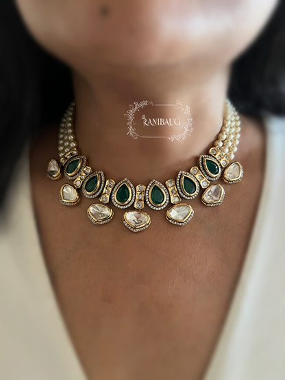 Trishna Emerald Pearl Kundan Polki Designer Necklace Jewellery Set By Ranibaug