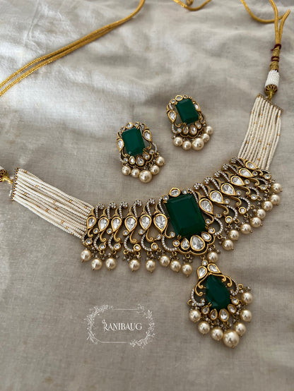 Trishna Emerald Stone And Polki Kundan Accents Multistrand Necklace Set For Women By Ranibaug For Special Occasions