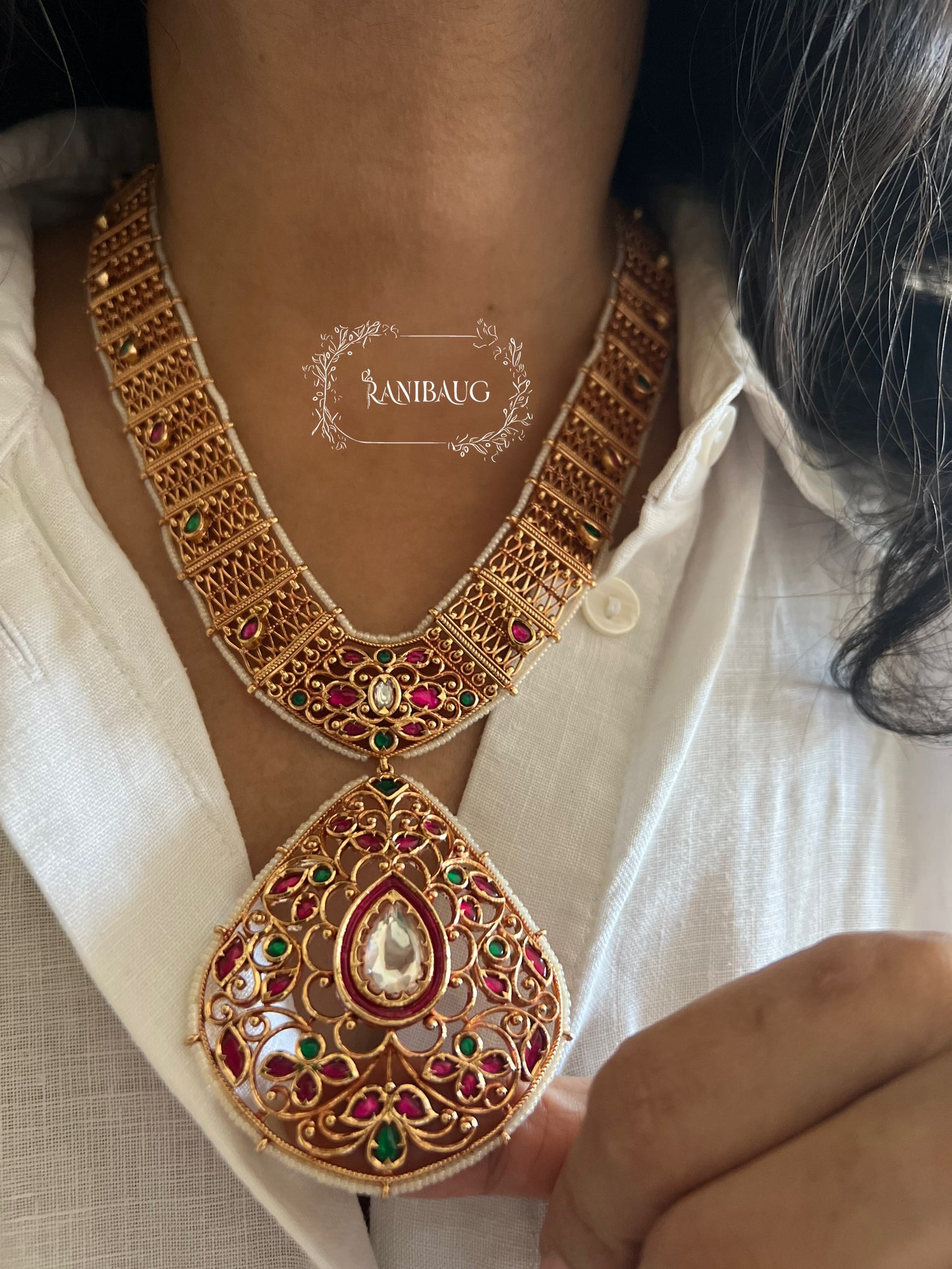 Trishna Teardrop Gold Finish Heritage Necklace By Ranibaug