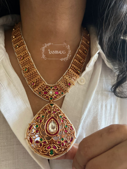 Trishna Teardrop Gold Finish Heritage Necklace By Ranibaug