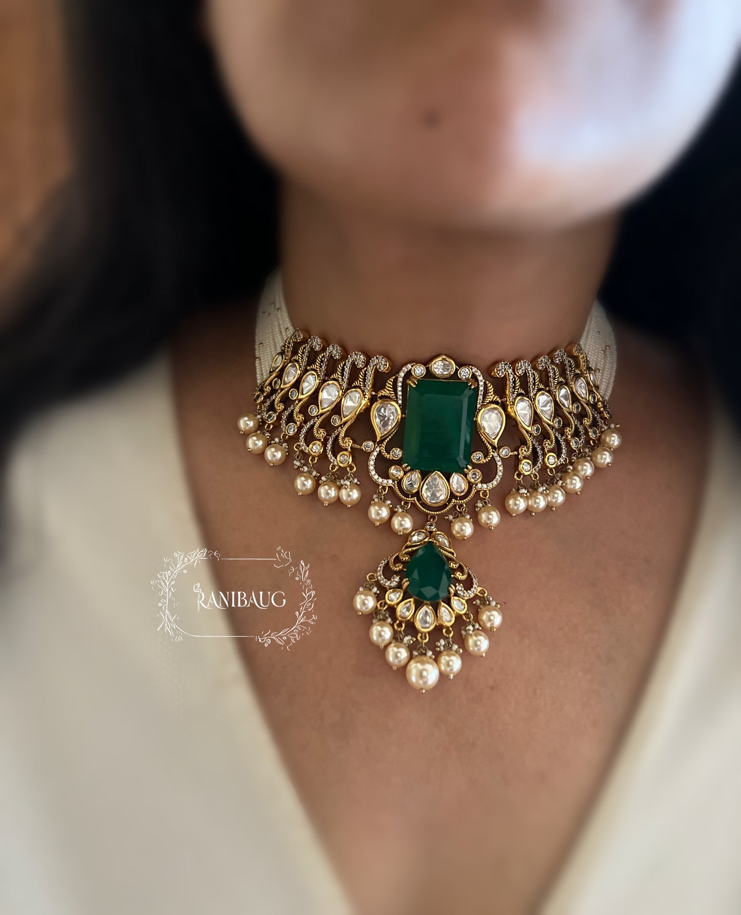 Trishna Emerald Stone And Polki Kundan Accents Multistrand Necklace Set For Women By Ranibaug For Special Occasions