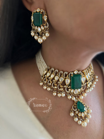 Trishna Emerald Stone And Polki Kundan Accents Multistrand Necklace Set For Women By Ranibaug For Special Occasions