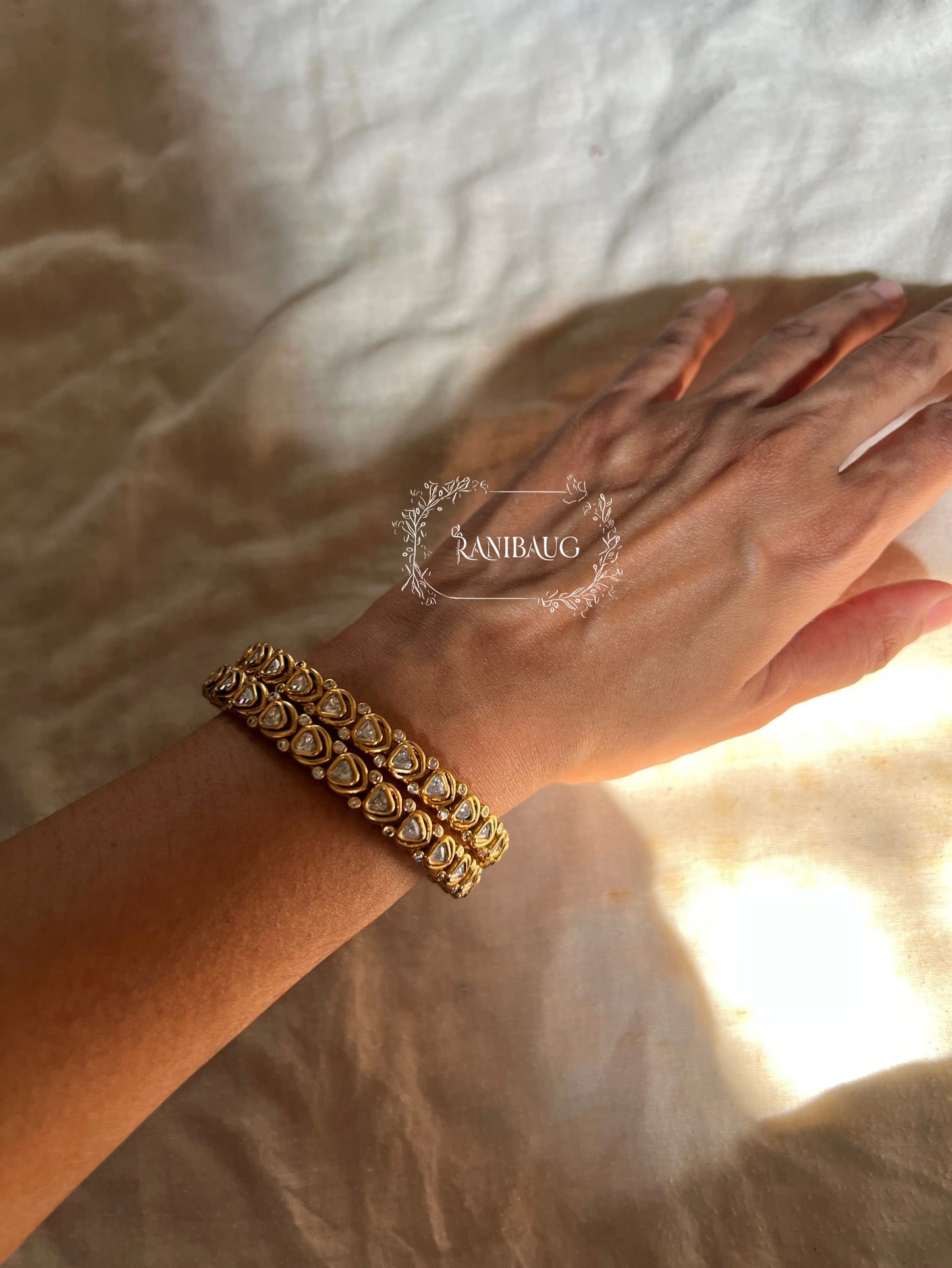 Triveni Mossainite Polki Studded Victorian Gold Finish Aesthetic Festive Bangle Jewelry By Ranibaug