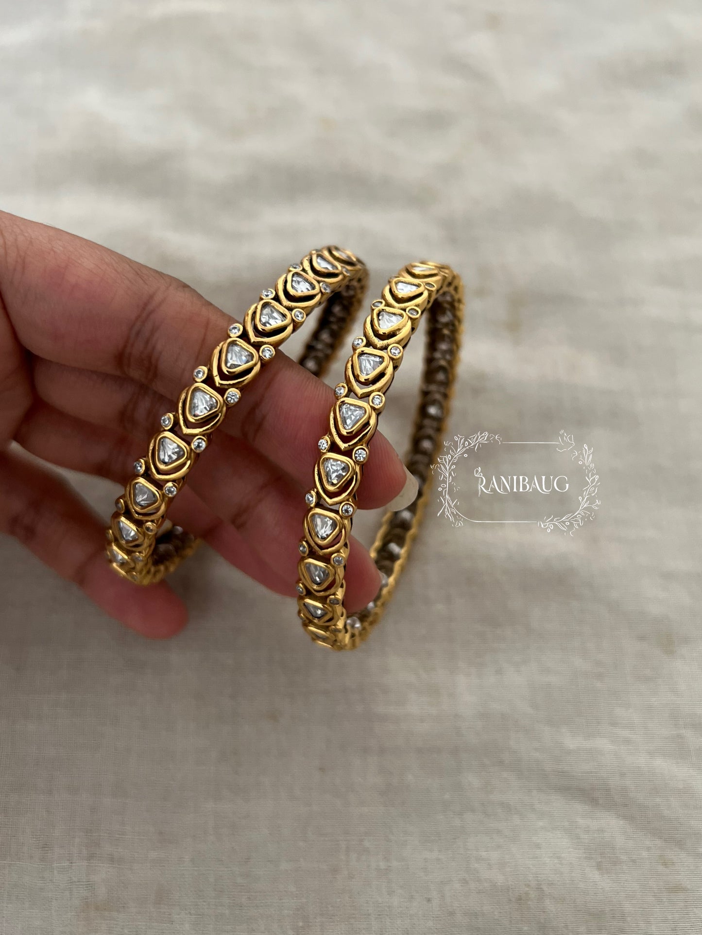 Triveni Mossainite Polki Studded Victorian Gold Finish Aesthetic Festive Bangle Jewelry By Ranibaug