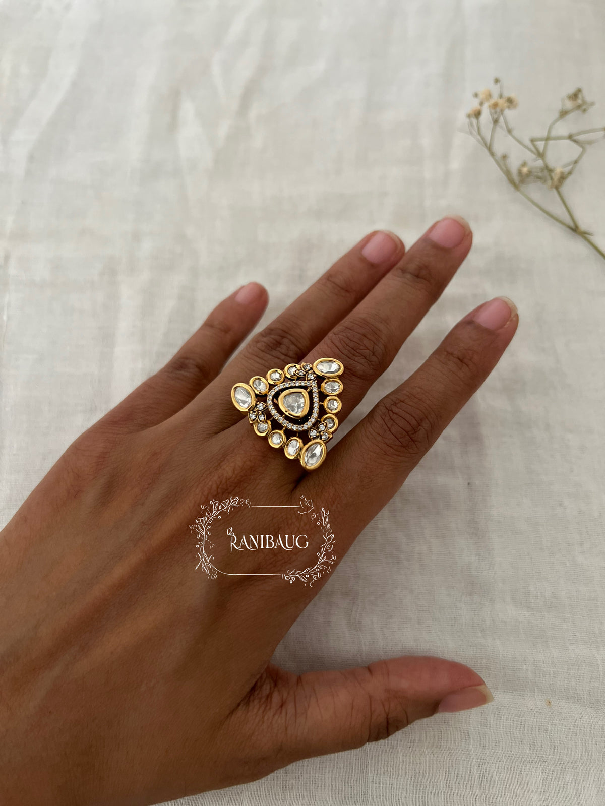 Triveni Polki Kundan Triangle Shape Designer Ring By Ranibaug