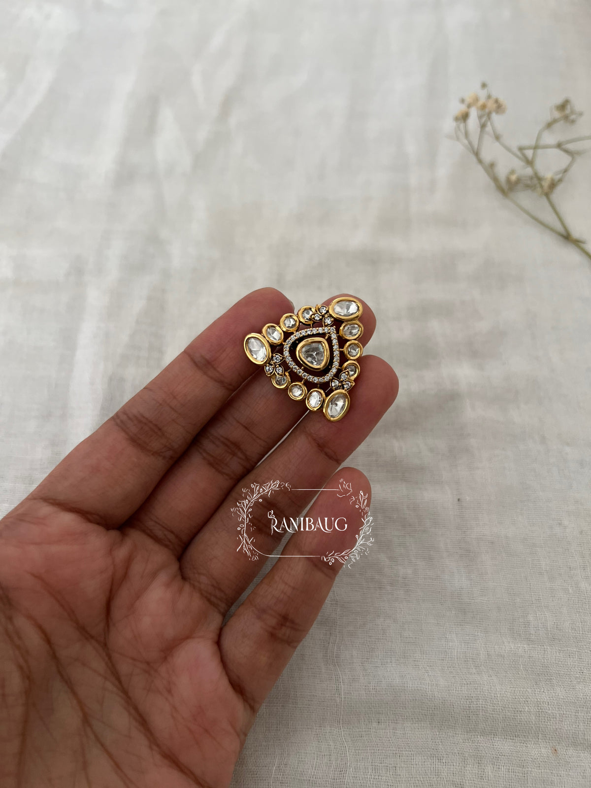 Triveni Polki Kundan Triangle Shape Designer Ring By Ranibaug
