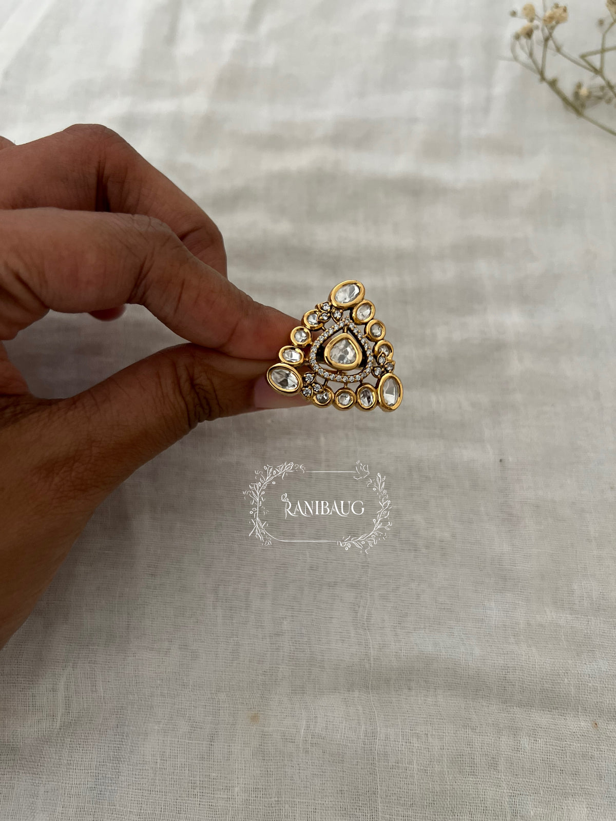 Triveni Polki Kundan Triangle Shape Designer Ring By Ranibaug