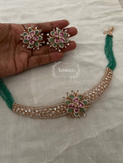 Triya Floral Motif Royal Gold Finish Diamond Choker Set By Ranibaug