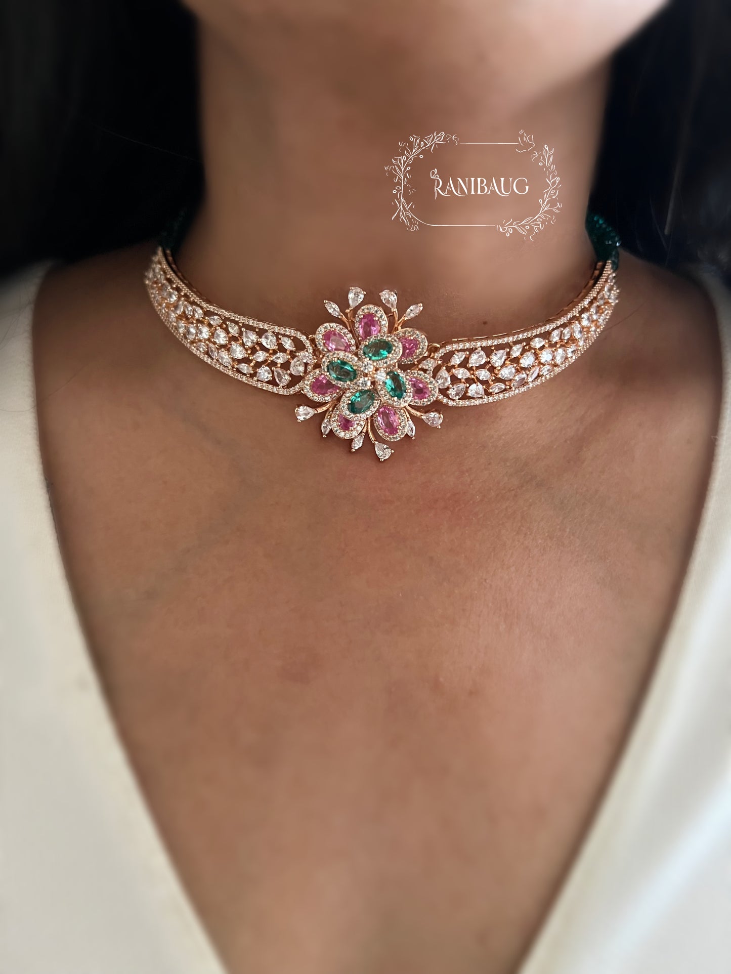Triya Floral Motif Royal Gold Finish Diamond Choker Set By Ranibaug
