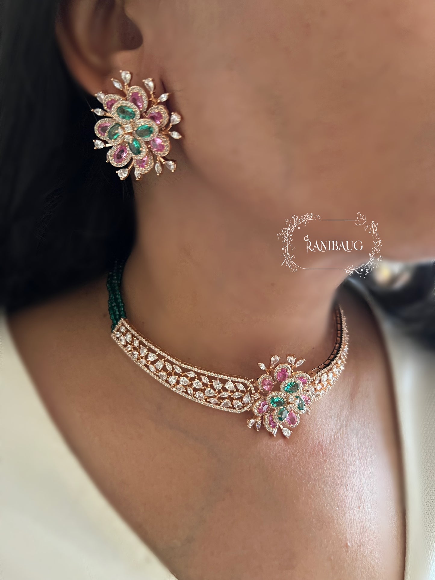 Triya Floral Motif Royal Gold Finish Diamond Choker Set By Ranibaug