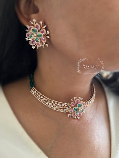Triya Floral Motif Royal Gold Finish Diamond Choker Set By Ranibaug