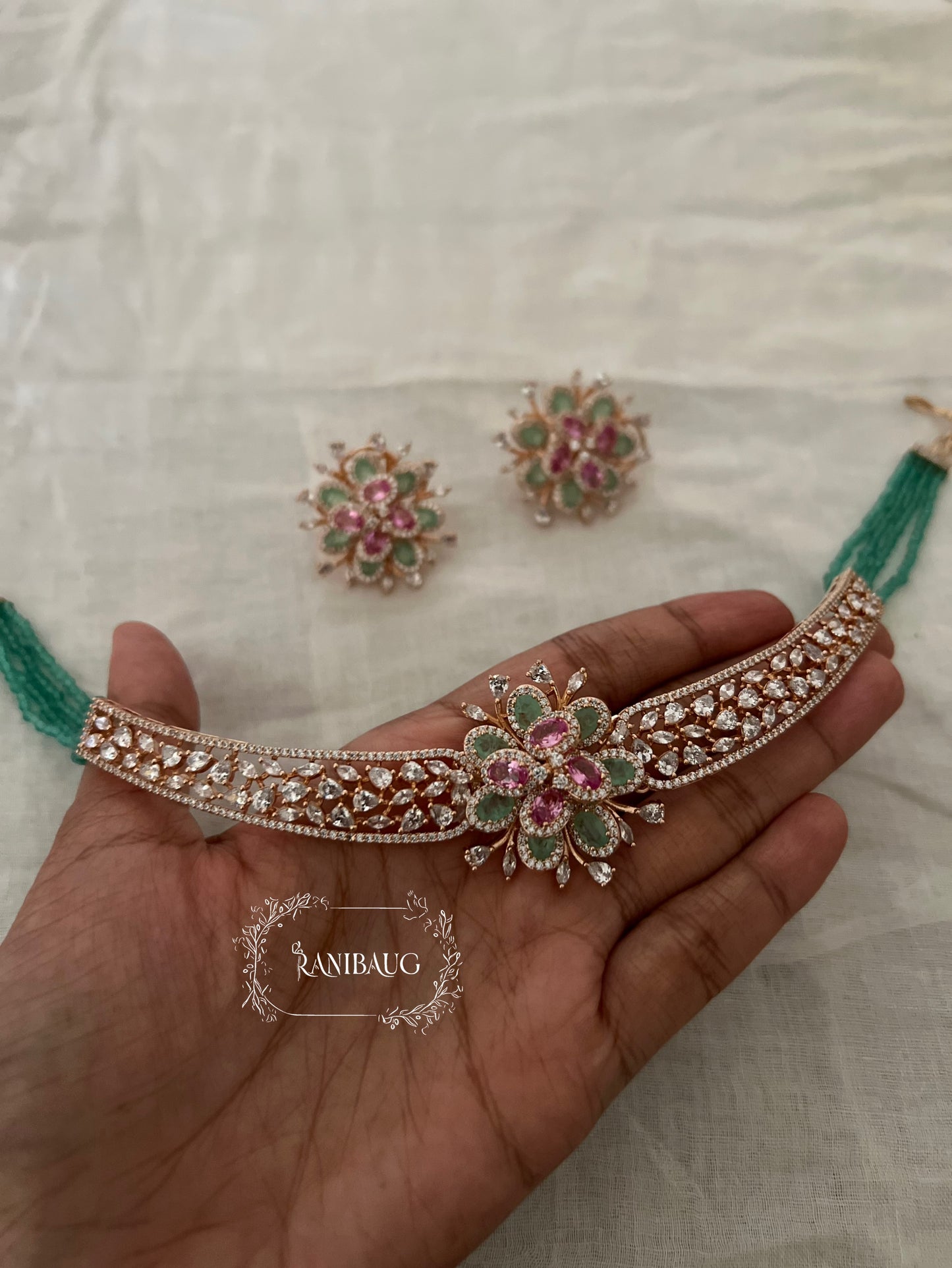 Triya Floral Motif Royal Gold Finish Diamond Choker Set By Ranibaug