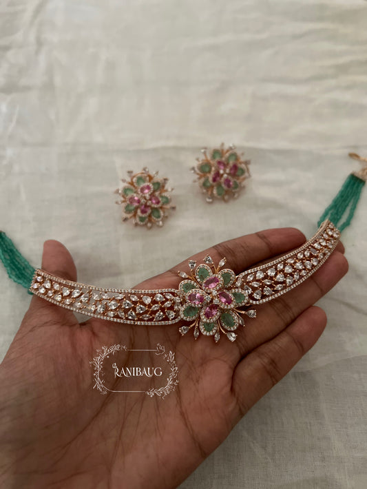 Triya Floral Motif Royal Gold Finish Diamond Choker Set By Ranibaug