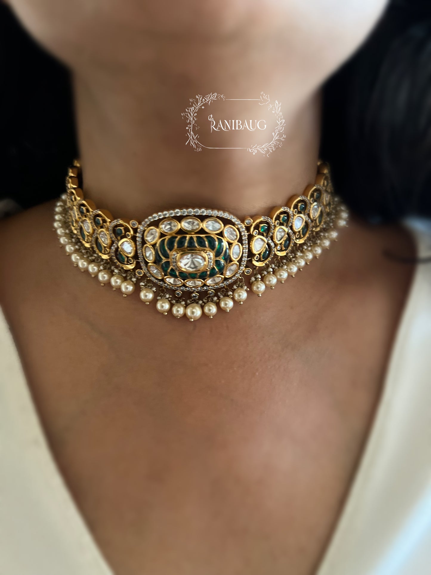 Tviya Heirloom Royal Polki Choker Set With Pearl Drops In Premium Gold Finish By Ranibaug
