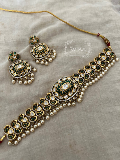 Tviya Heirloom Royal Polki Choker Set With Pearl Drops In Premium Gold Finish By Ranibaug