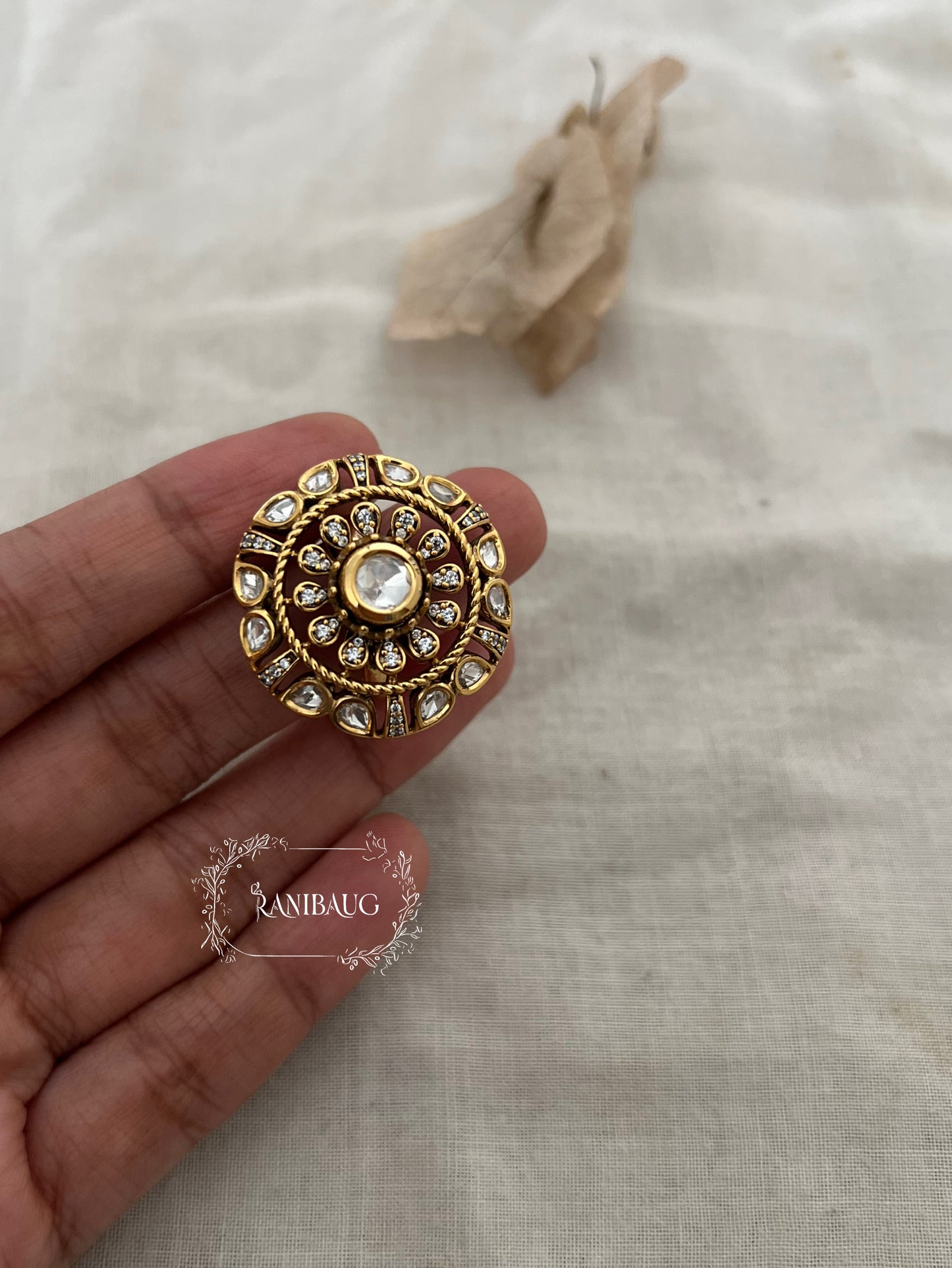 Urmi Contemporary Polki Kundan Stone With Intricate Gold Ring By Ranibaug