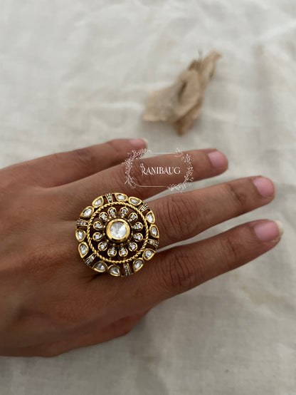 Urmi Contemporary Polki Kundan Stone With Intricate Gold Ring By Ranibaug