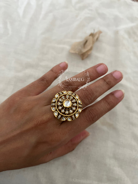 Urmi Contemporary Polki Kundan Stone With Intricate Gold Ring By Ranibaug