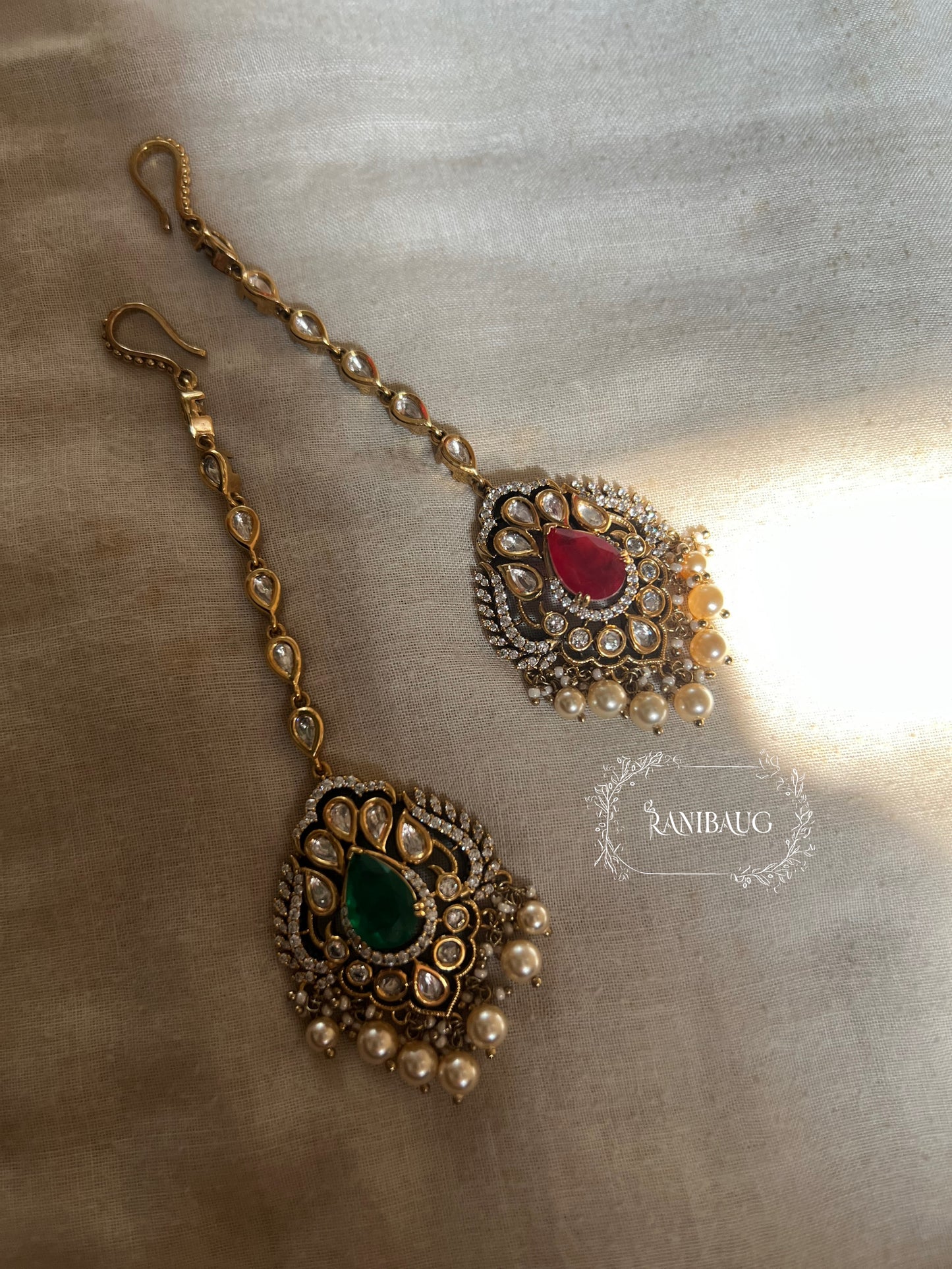 Vaani Antique Gold Victorian Finish Polki Gemstone Studded Maangtikka by Ranibaug