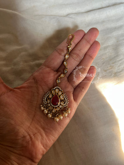 Vaani Antique Gold Victorian Finish Polki Gemstone Studded Maangtikka by Ranibaug