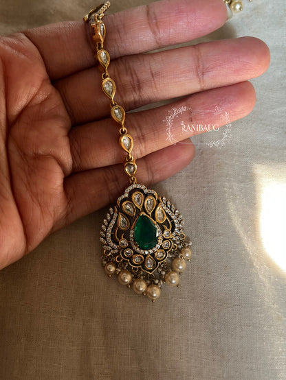 Vaani Antique Gold Victorian Finish Polki Gemstone Studded Maangtikka by Ranibaug