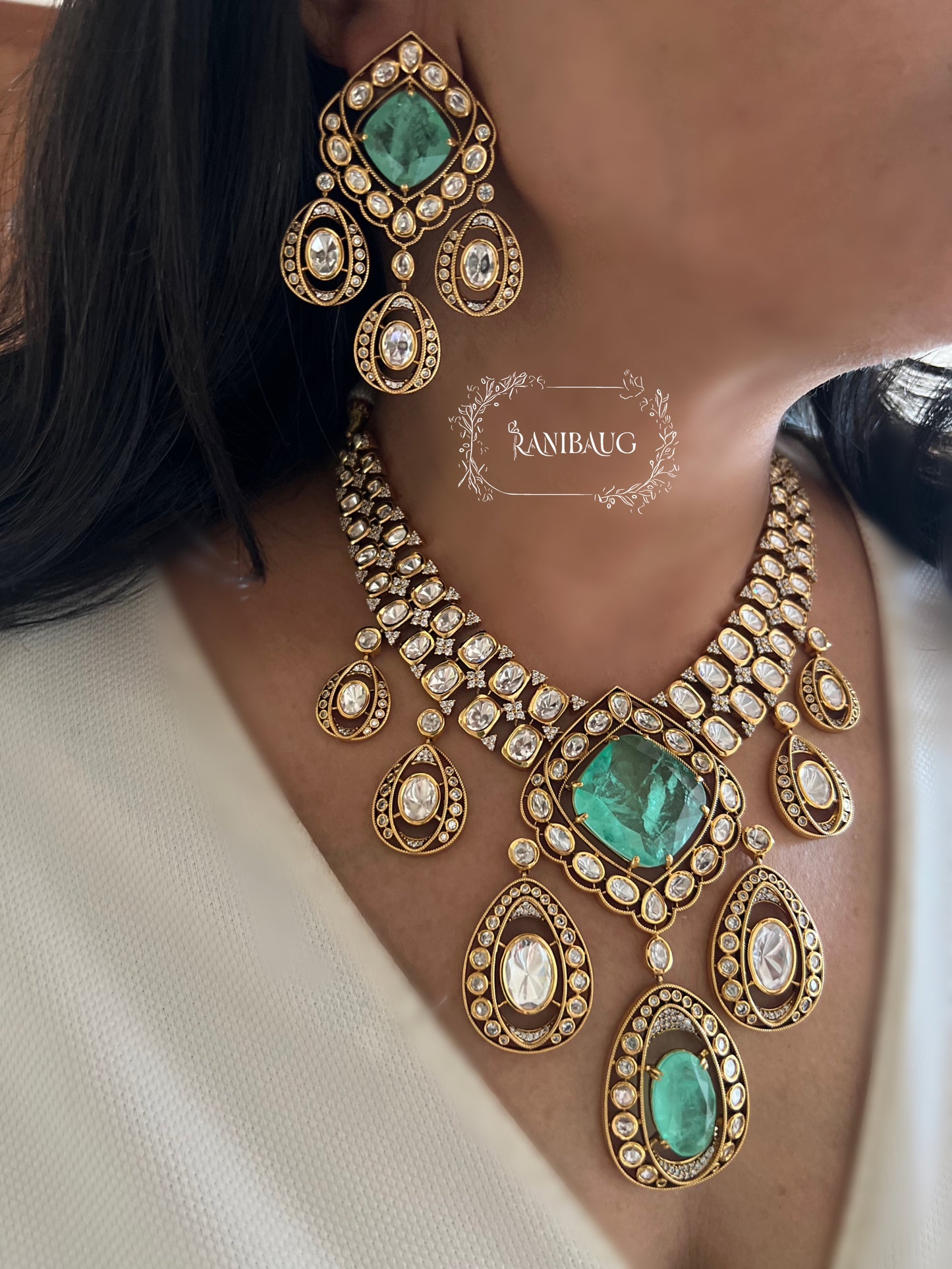 Vaani Royal Mossainite Gold Plated Gemstone Premium Necklace Set By Ranibaug | Diwali Jewelry Wedding Jewellery 2026