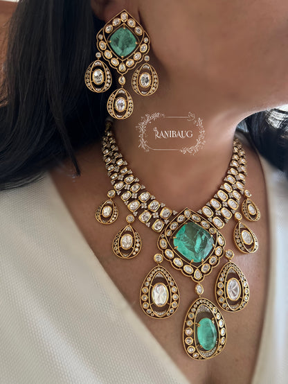 Vaani Royal Mossainite Gold Plated Gemstone Premium Necklace Set By Ranibaug | Diwali Jewelry Wedding Jewellery 2026